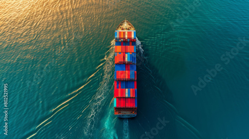 An aerial view looking down on a freight ship transporting shipping containers of goods at sunset