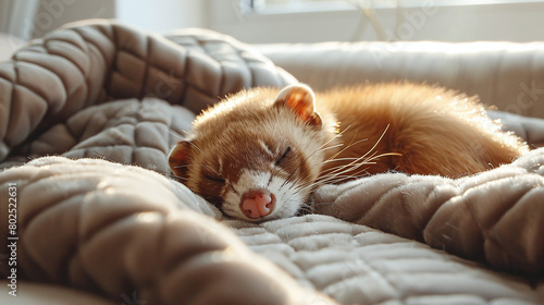 Sleeping Ferret Snuggled in Gray Blanket with Sunlight Filter