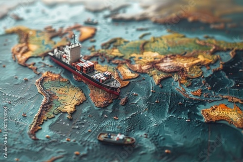 a large ship is floating on top of a map of the world