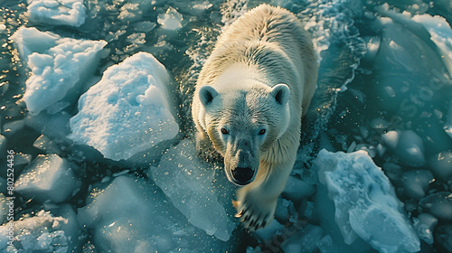 Polar Bear Approaching on Melting Ice in Arctic Waters at Sunrise