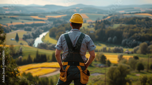 Construction Worker Overlooking Golden Fields and Rolling Hills at Sunset