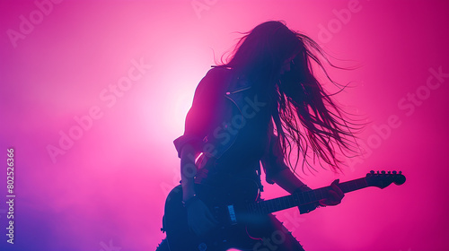 Silhouette of Female Guitarist Rocking Out in Vibrant Pink Light