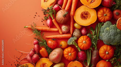 Vibrant Autumn Harvest Vegetables and Fresh Herbs on Orange Background