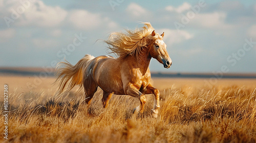 Palomino Horse Galloping in Golden Field under Blue Sky