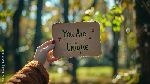 Woman Holding Inspirational Sign in Sunlit Forest Setting