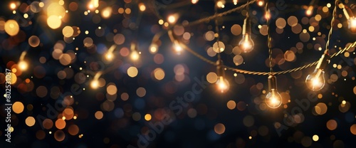 Starry lights garland on black background, glowing golden string of fairy light bulbs decoration Generative AI