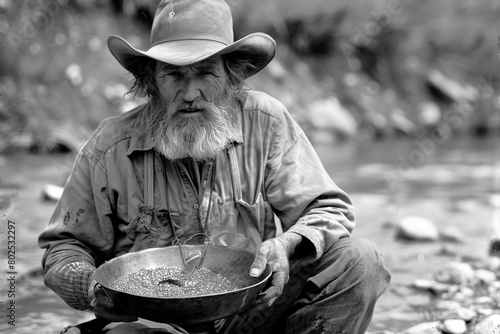 An aged gold prospector in a hat inspects a pan in a stream, evoking the gold rush era