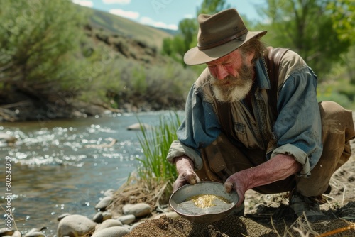 A man dressed in period attire is meticulously panning for gold in a river, surrounded by a serene natural landscape reflecting the Gold Rush era