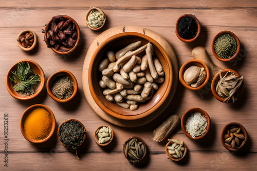 A bowl of medicine placed on a wooden podium in the center with many types of herb displayed around. Chinese medicine treat a wide range of ailments to enhance health