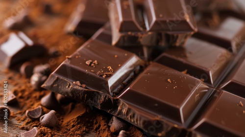 delicious dark chocolate bars close up, broken pieces and crumbs on rustic background