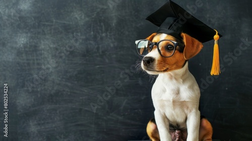 Smart jack russell terrier puppy wearing eyeglasses and graduation hat sits near black chalkboard at school and points away on empty space