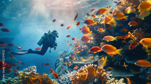 An underwater scene with a diver surrounded by colorful fish and coral, presenting a lively aquatic ecosystem