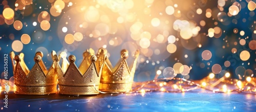 Gold crowns on blue background with bokeh lights