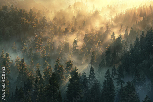 A panoramic view of a mist-covered forest at dawn, with the first rays of sunlight peeking through.