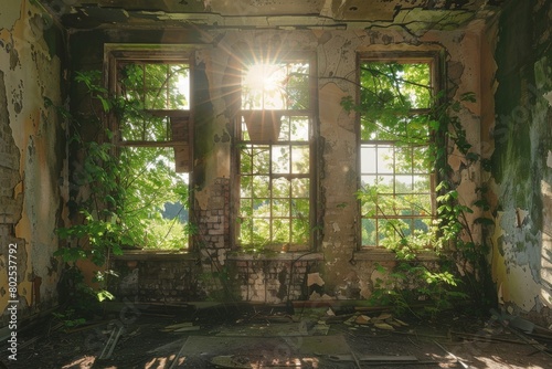 Sunlight pours in through broken windows in an old decrepit room overtaken by plants suggesting reclamation by nature