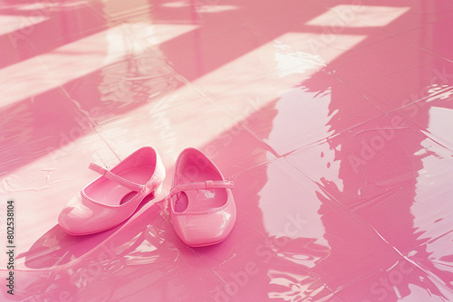 A pair of pink ballet slippers placed on a pink dance floor.