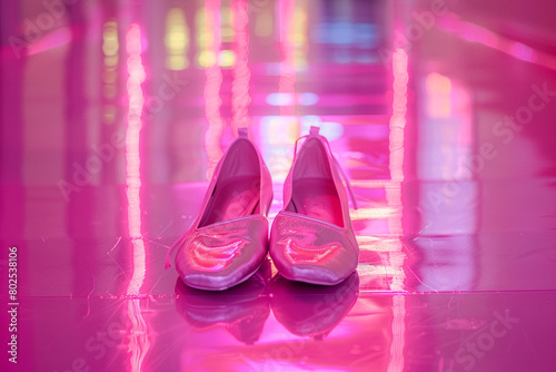 A pair of pink ballet slippers placed on a polished pink dance floor.