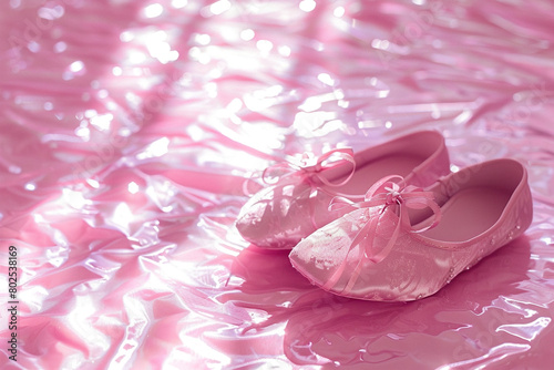 A pair of pink ballet slippers placed gracefully on a shimmering pink dance floor.