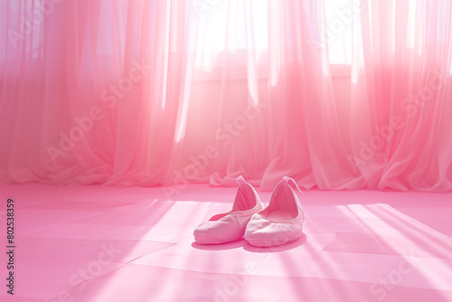 A pair of pink ballet slippers placed on a pink dance floor.