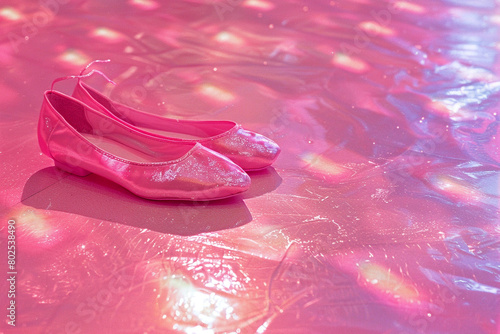A pair of pink ballet slippers placed gracefully on a shimmering pink dance floor.