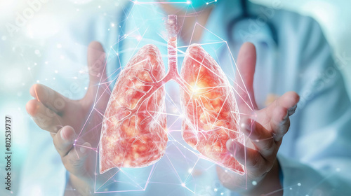 Doctor holding of lungs hologram