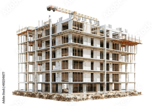 Modern concrete building structure under construction isolated on transparent background