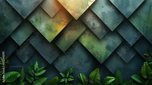 Dark green and black diamond-shaped tiles with mossy textures and jungle foliage in the style of nature