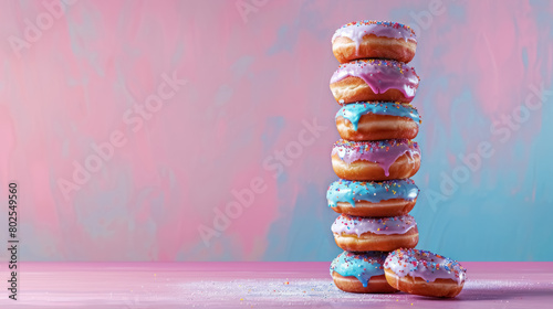 colorful donuts stacked on pink gradient background, with copy space for text