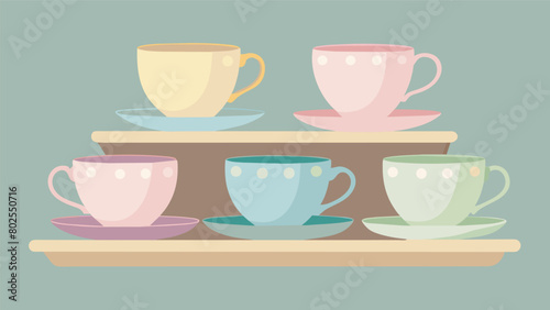 A set of dainty vintage teacups and saucers in a range of pastel colors stacked neatly on a shelf.. Vector illustration