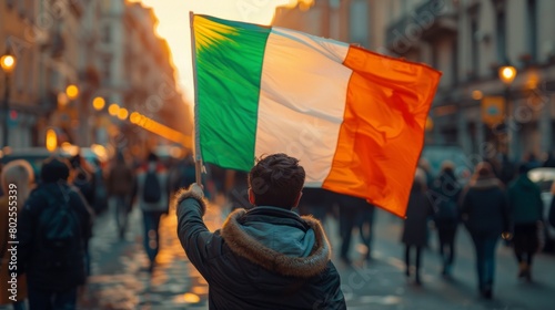 Patriotic Scene of a Man Holding the Irish Flag Proudly in a Busy Street at Sunset