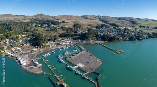 Aerial of ocean, township and marina in Bodega Bay, California, United States of America.