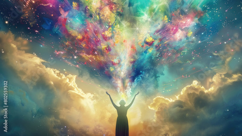 Silhouette of a person with arms raised high, basking in the multicolored cosmic lights above