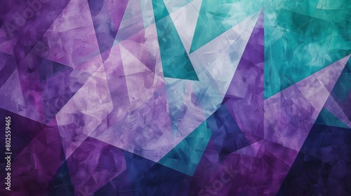 Geometric shapes in shades of purple and teal form a modern texture.