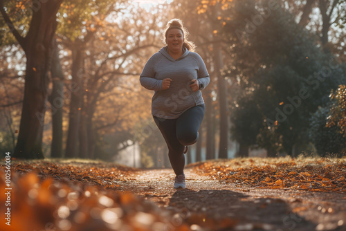 Overweight woman exercising to lose weight. Plus-size woman practicing running in the park. Concept of physical exercise, health, and overweight.