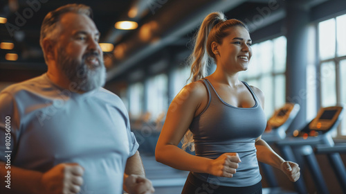A middle-aged, bearded, overweight man doing cardio with his young trainer at the gym. Concept of fitness and health, and personal trainers.
