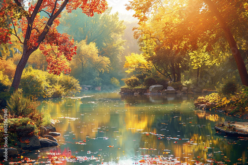 A serene pond surrounded by colorful autumn trees bathed in sunlight.