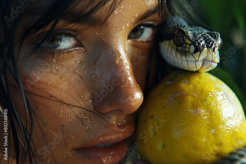 woman holds a lemon in one hand, while a snake rests on her shoulder. The scene evokes the Biblical tale of temptation, with a modern twist.