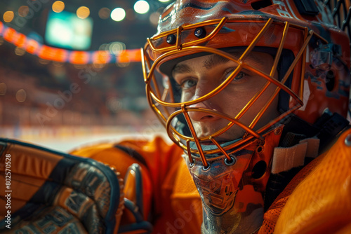 detailed close up of a hockey goalie in action, wearing a helmet and focused on defending the net during a game.