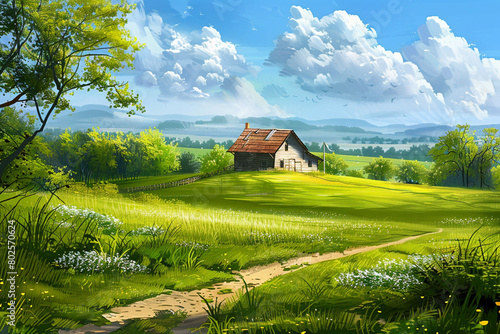 A rural countryside scene with green fields and a traditional farmhouse.