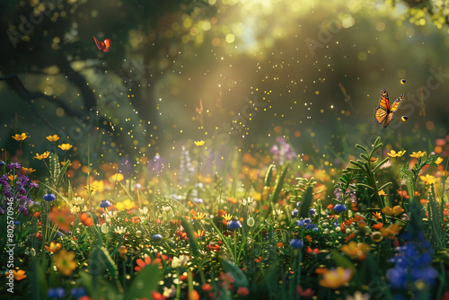 A sunlit meadow dotted with wildflowers, buzzing with bees and butterflies.