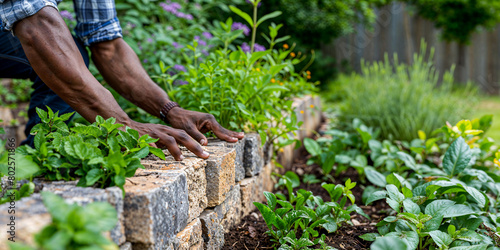 Man building a wall block garden border retaining wall, DIY home improvement project, wide, copyspace