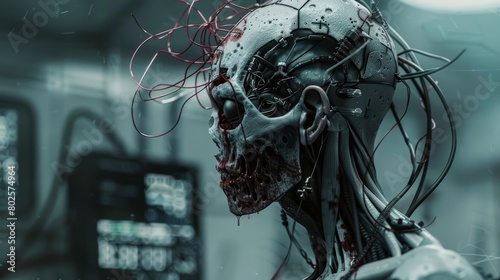 At a hightech medical facility, zombies undergo advanced therapy to regain their memories and humanity Sharpen close up strange style hitech ultrafashionable concept