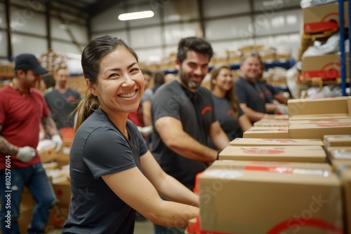 A business team volunteering at a local food bank sorting and boxing donations.