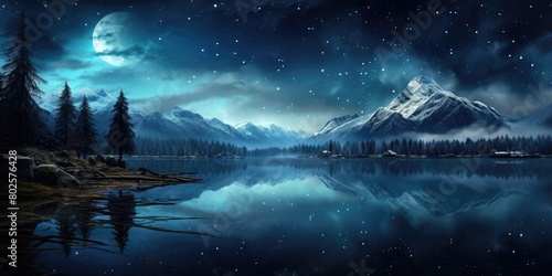 Serene mountain lake under starry night sky
