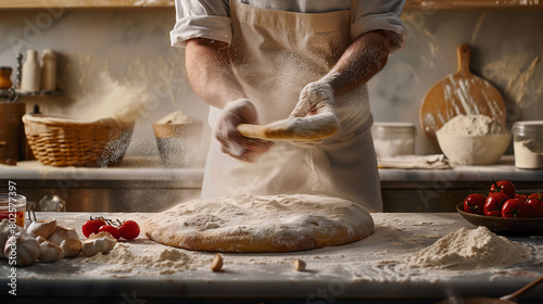 A pizza chef kneading pizza dough in a traditional way in a vintage kitchen. Italian, traditional, and artisanal cooking.