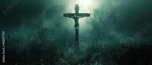 An eerie depiction of a monster hanging on a cross, surrounded by an ominous atmosphere 8K , high-resolution, ultra HD,up32K HD