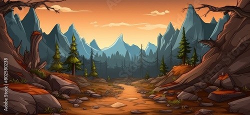 Dynamic cartoon illustration of a motocross race on a rugged mountain track at sunset