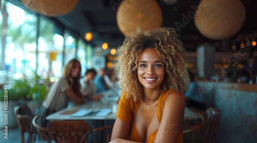 Radiant Young Woman Enjoying a Fun Gathering at a Trendy Café