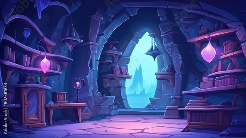 Mystical alchemist’s room filled with ancient books, glowing potions, and magical artifacts for spellcasting and wizardry