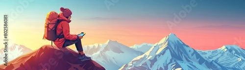 Backpacker updating blog, Himalayan backdrop, crisp morning air, vibrant colors, wide shot, clear sky
